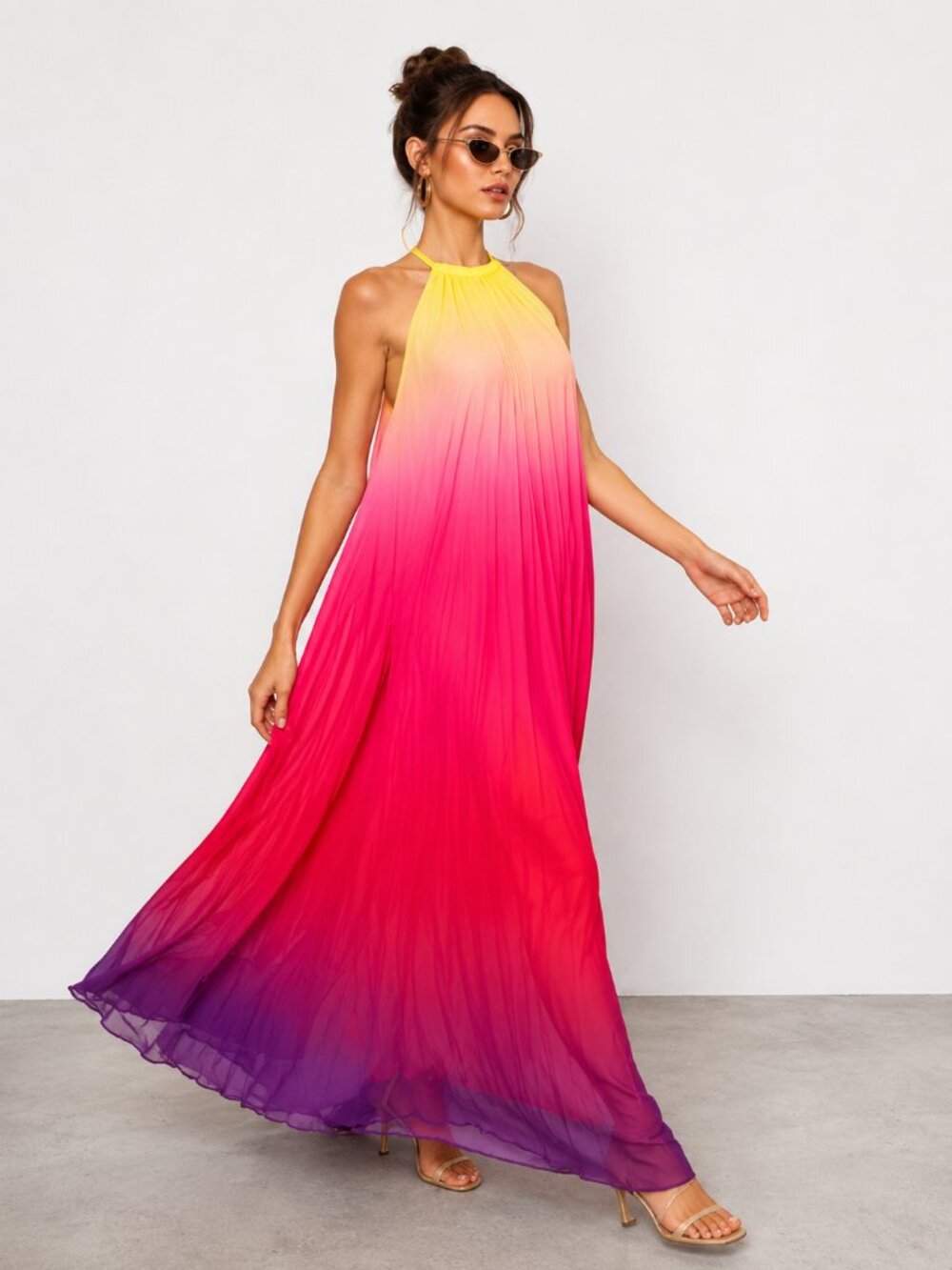 Pink Ombre Halter Maxi Dress Pleated Vacation NWT